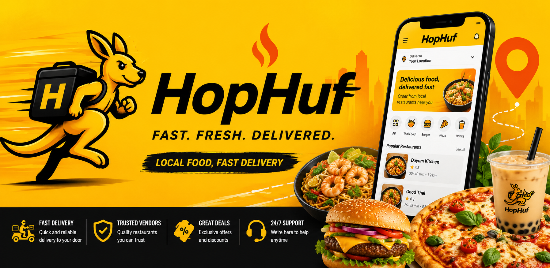 HopHuf fast fresh delivered food delivery banner